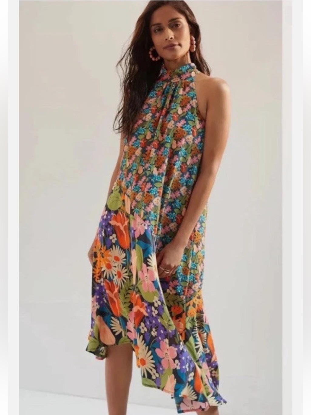 Anthropologie Silk Halter Midi Floral Printed Dress